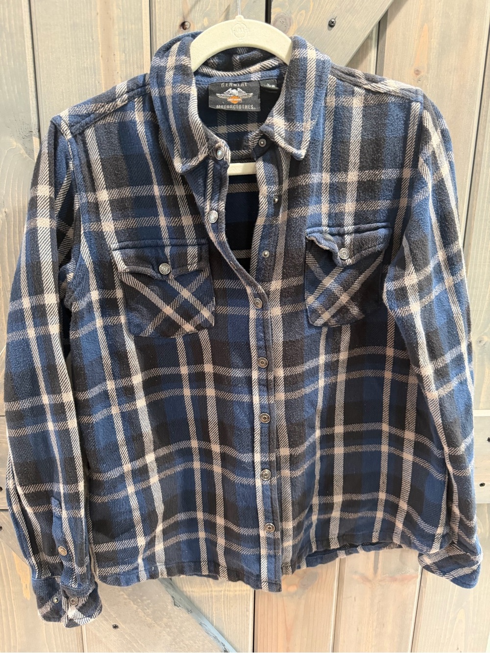 Harley-Davidson Genuine MotorClothes Blue Plaid Cotton Flannel Button Up Size L